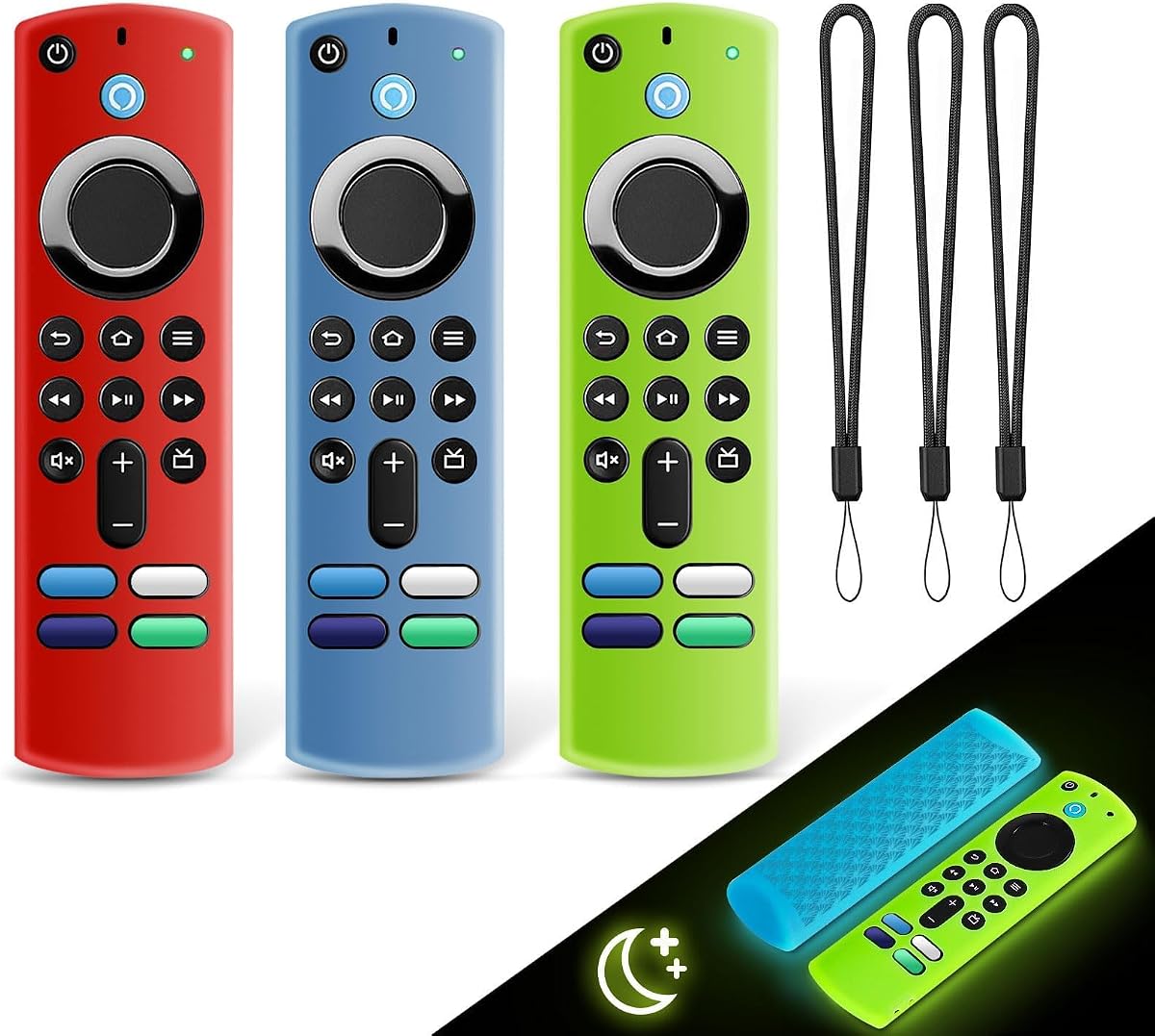 Pack de 3 fundas de silicona para control remoto Fire TV Stick 4K 2021/Alexa Voice Remote de tercera generación, funda protectora de silicona antideslizante que brilla en la oscuridad con cordón(azul brillante y verde brillante y rojo)