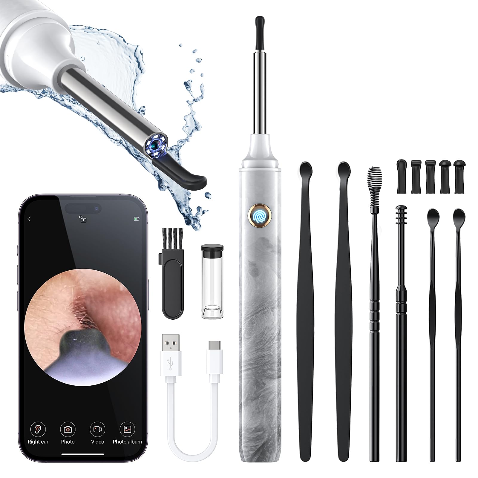 Ear Wax Removal Tool Camera - Ear Cleaner with 1080P HD Camera, Otoscope with Light, Earwax Removal Kit for iPhone, iPad, Android Phones (Light Gray)