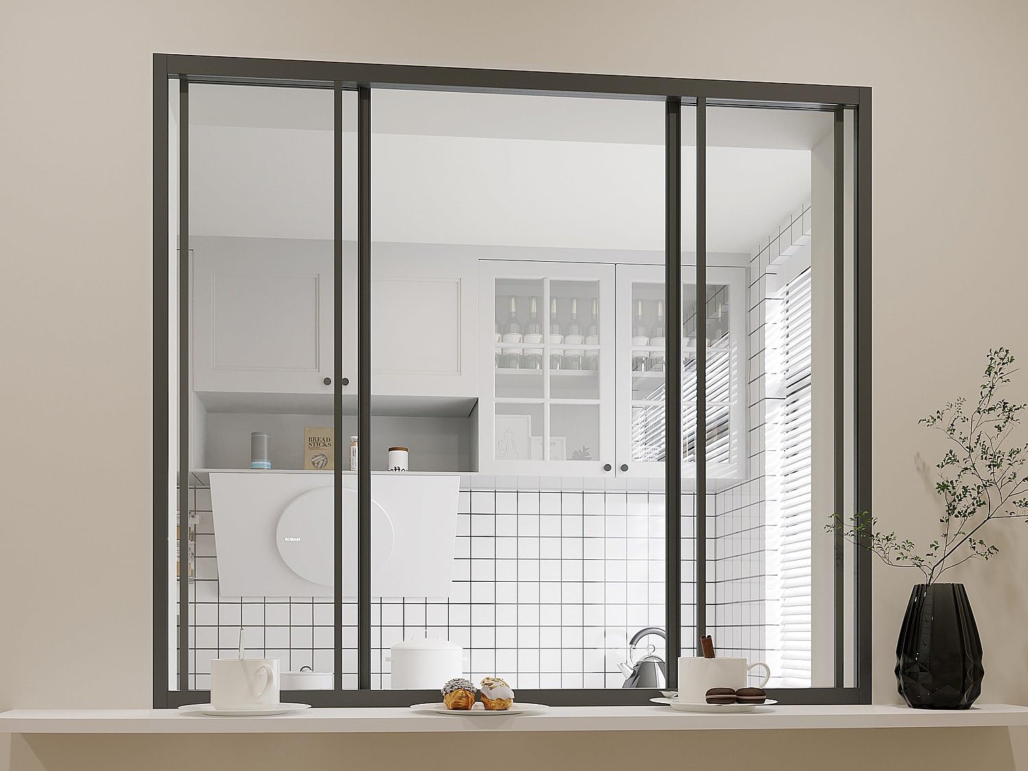 Vente-unique - Verriére coulissante en Aluminium thermolaqué Noir 120 x 105 cm (L x H) – Ravena