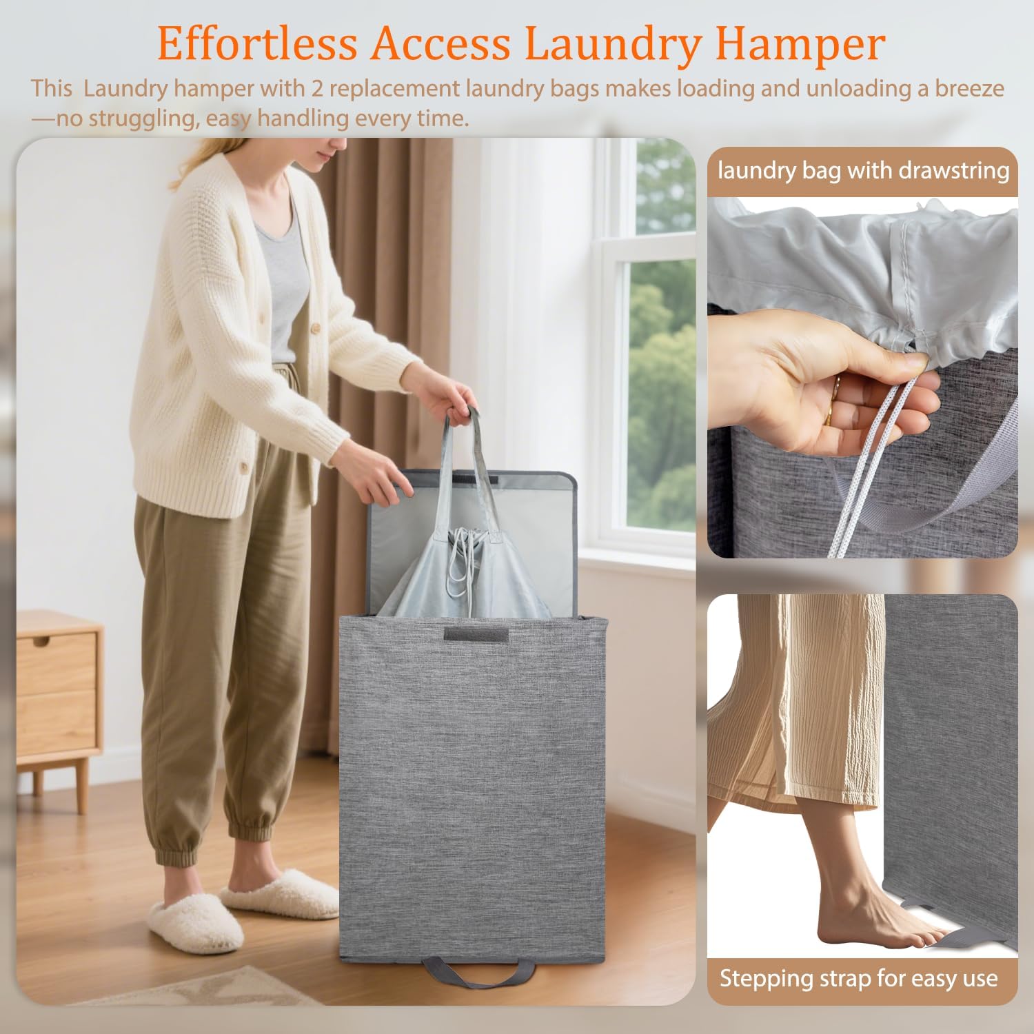 Foldable Laundry Hamper with 2 Removable Drawstring Bags,Portable Laundry Basket with Lid & Easy Carry Handle,Durable Clothes Hamper for Space-Saving Organizer in Bedroom,Bathroom,Dorm,Nursery,RV,Grey image 3