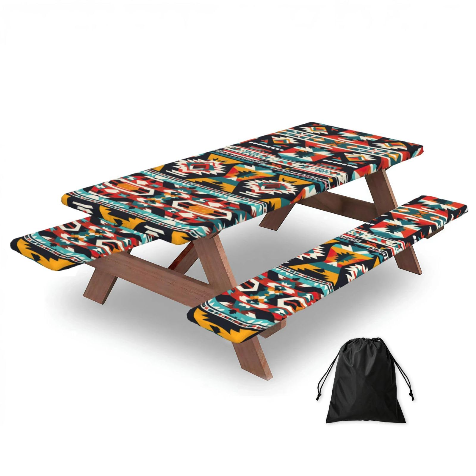 Zyjhyy Black Native American Pattern Print Party Table Covers With Bench Covers Set Of 3 Picnic Table Cloth Wipe Clean For Garden Camping
