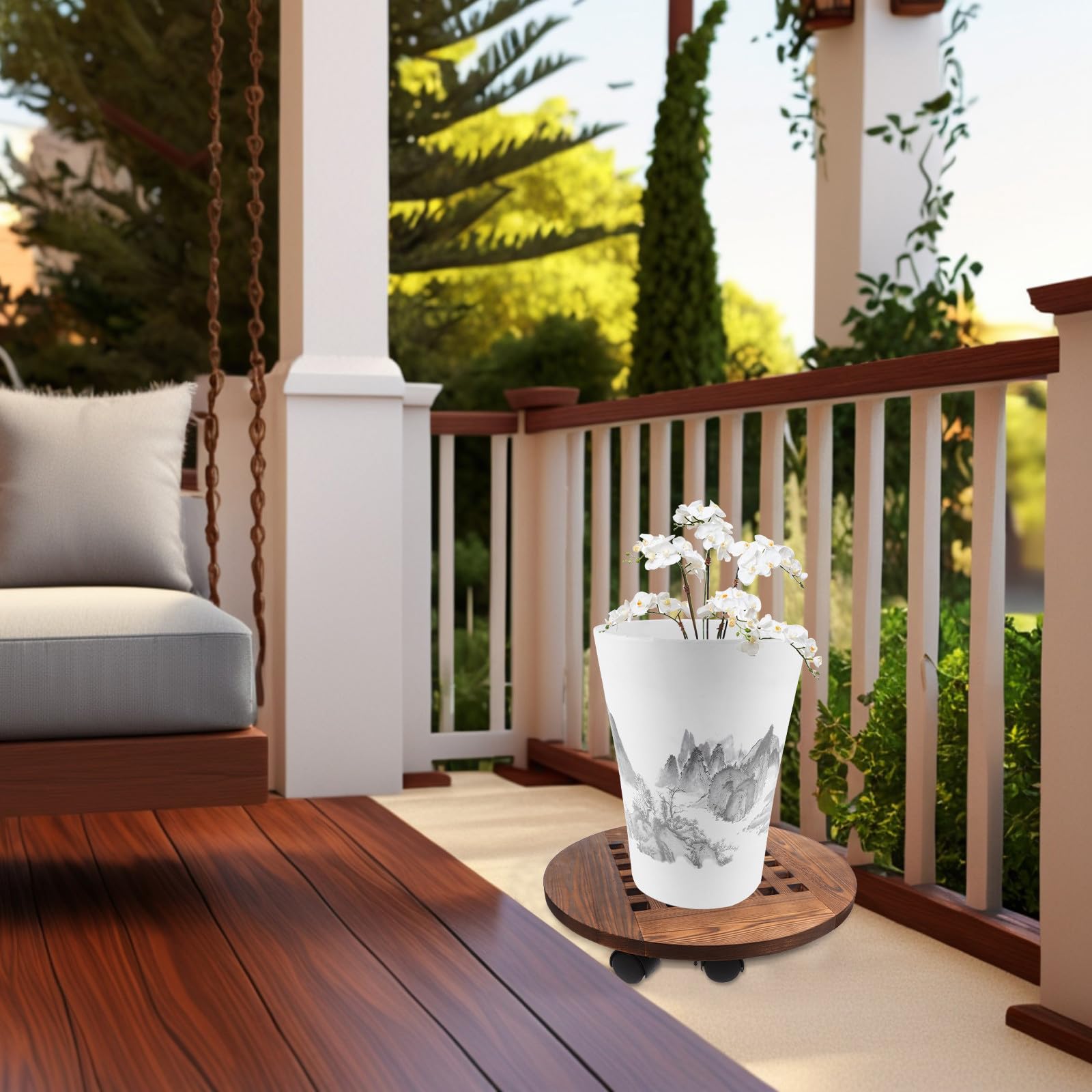 Chariot Roulant pour Plantes en Bois Marron, Plateau Rond Mobile Supportant Jusqu'à 100kg, pour Pots et Bacs à Plantes en Intérieur et Jardin