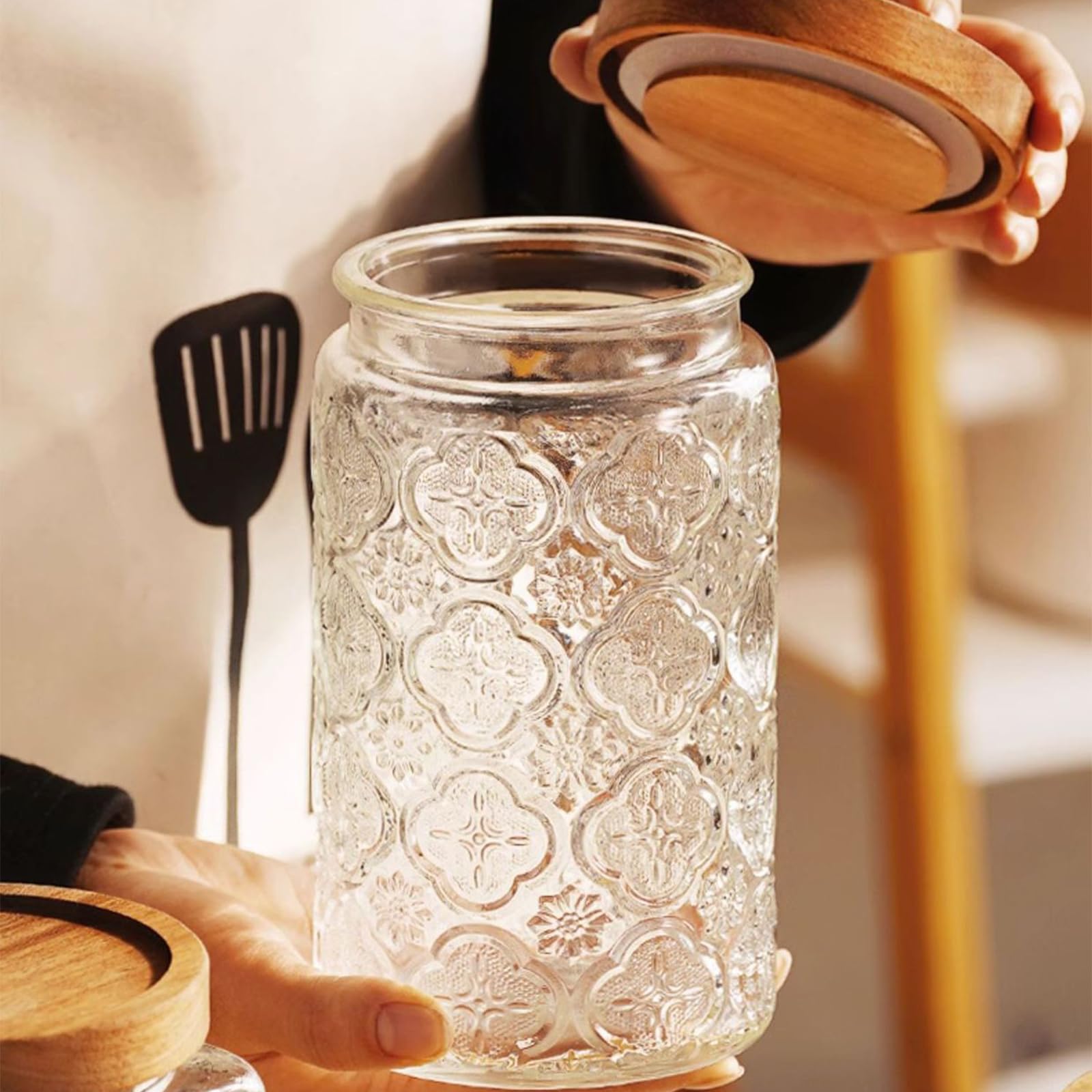 Juego de 2 tarros de cristal con tapa de 1000 ml, herméticos para cocina, tarros de especias grandes con tapa de madera para cocina, despensa, granos de café, harina, avena, cereales, pasta