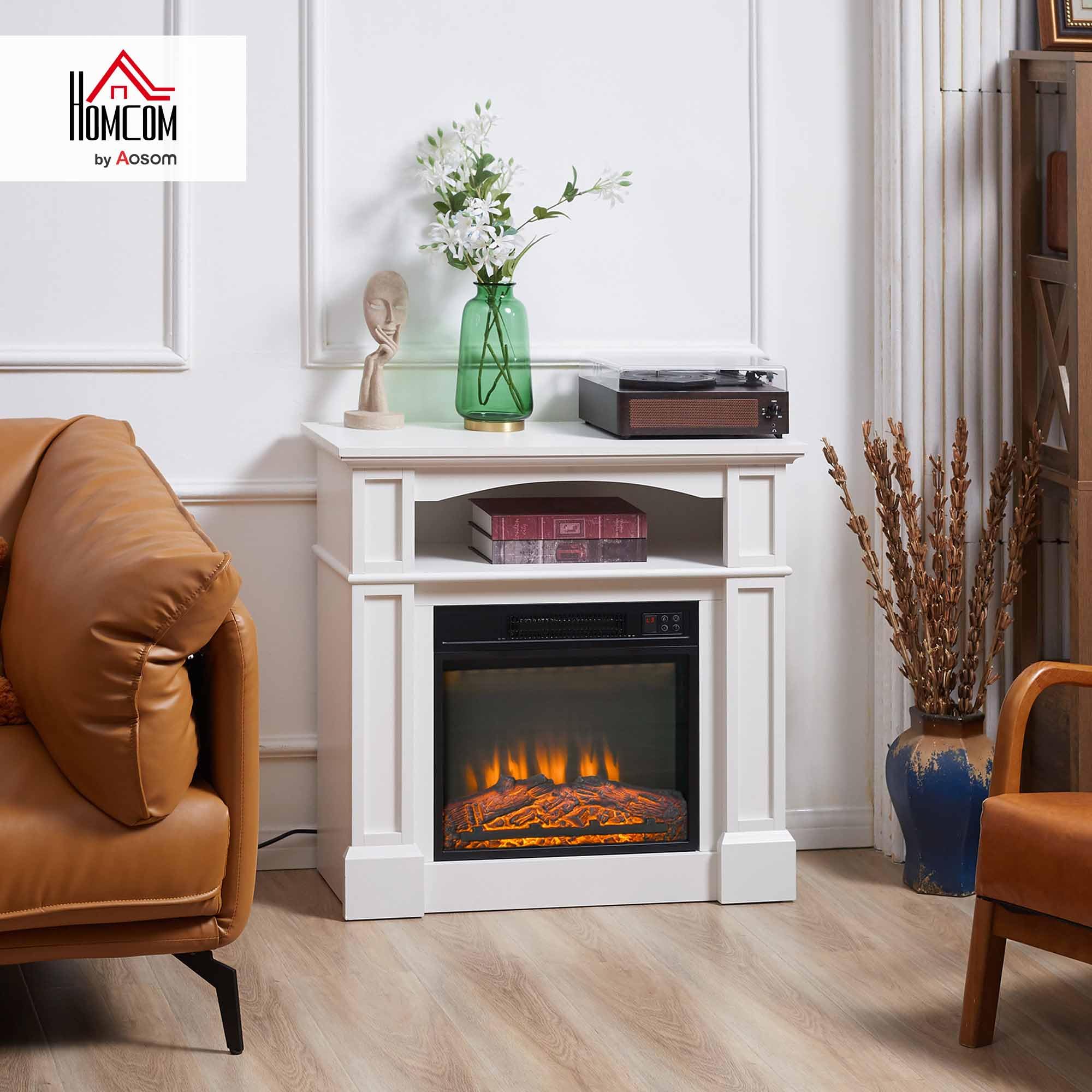 HOMCOM Cheminée électrique Effet Flammes LED luminosité réglable avec télécommande - 1800 W - 80,5 x 32,3 x 80,5 cm Blanc