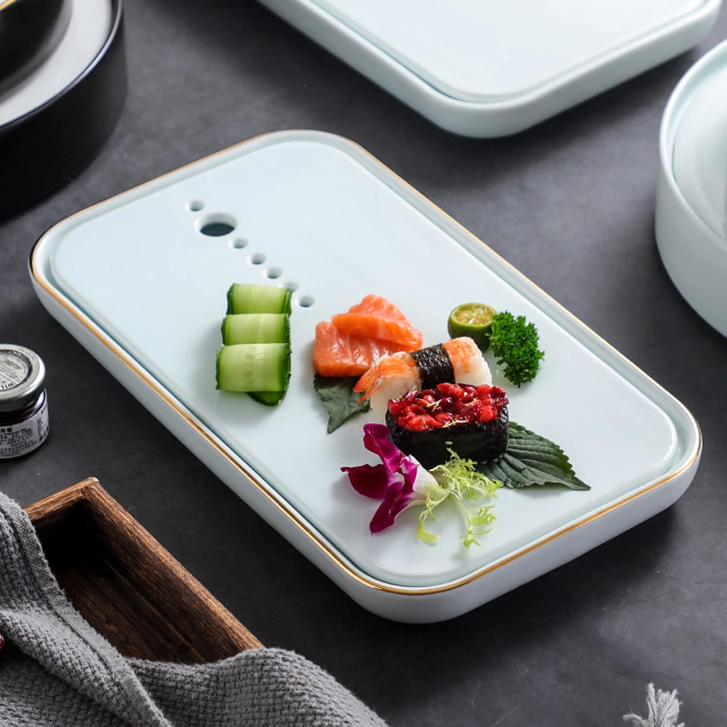 Ceramic Long Sushi Plate Restaurant Dry Ice Tableware Molecular Cuisine Food Platter Serving Dishes for Entertaining Rectangle Plates,Gold