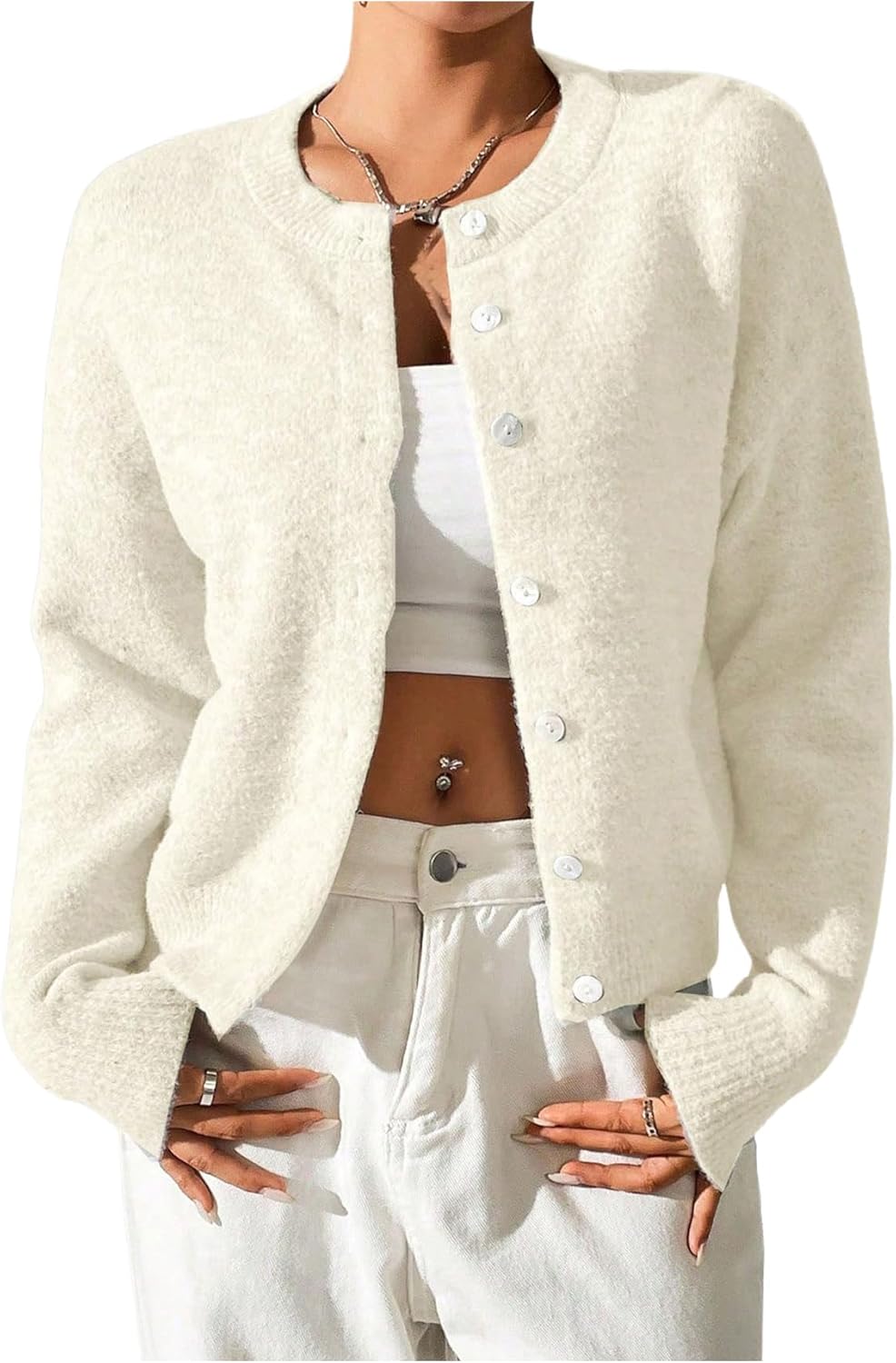 SweatyRocks Women's Fall Button Down Lightweight Cardigan Ribbed Knit Long Sleeve Crew Neck Sweater