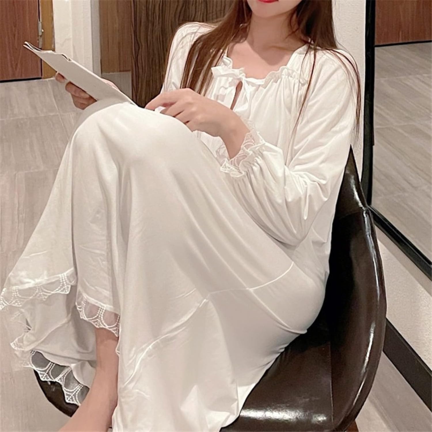 OFFSUM Women's Long Sleeve Nightgown - Elegant Palace Solid Color Sleepwear Spring Autumn Plus Size Nightgown Fashion Prin