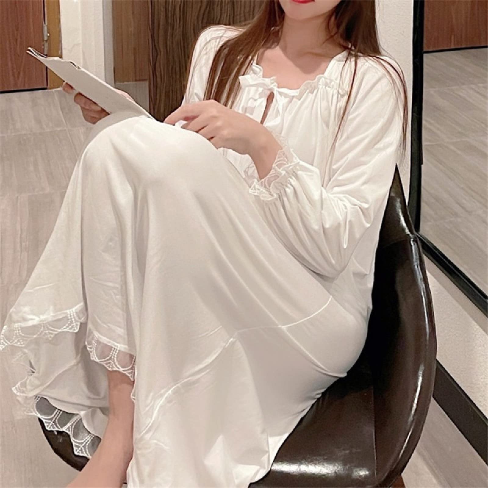 OFFSUM Camicia da Notte Donna - Elegante Palazzo Solid Color Pigiameria Primavera Autunno Plus Size Camicia da Notte Moda Principessa Comoda Camicia da Notte Lingerie