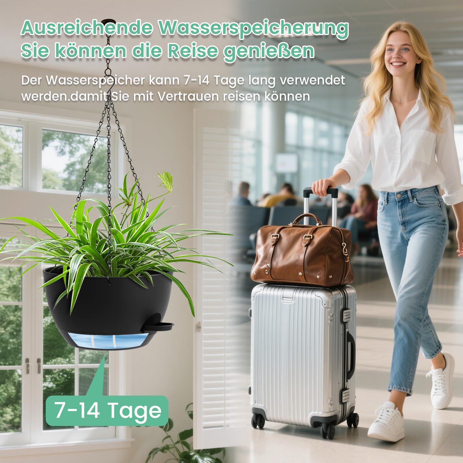 Homeuouz 25cm Selbstbewässernde Hängende Blumenampel 2er-Set – Blumentopf Hängend Innen & Außen, Hängeblumentöpfe mit Drainage für Balkon, Wohnzimmer, Küche,Schwarz