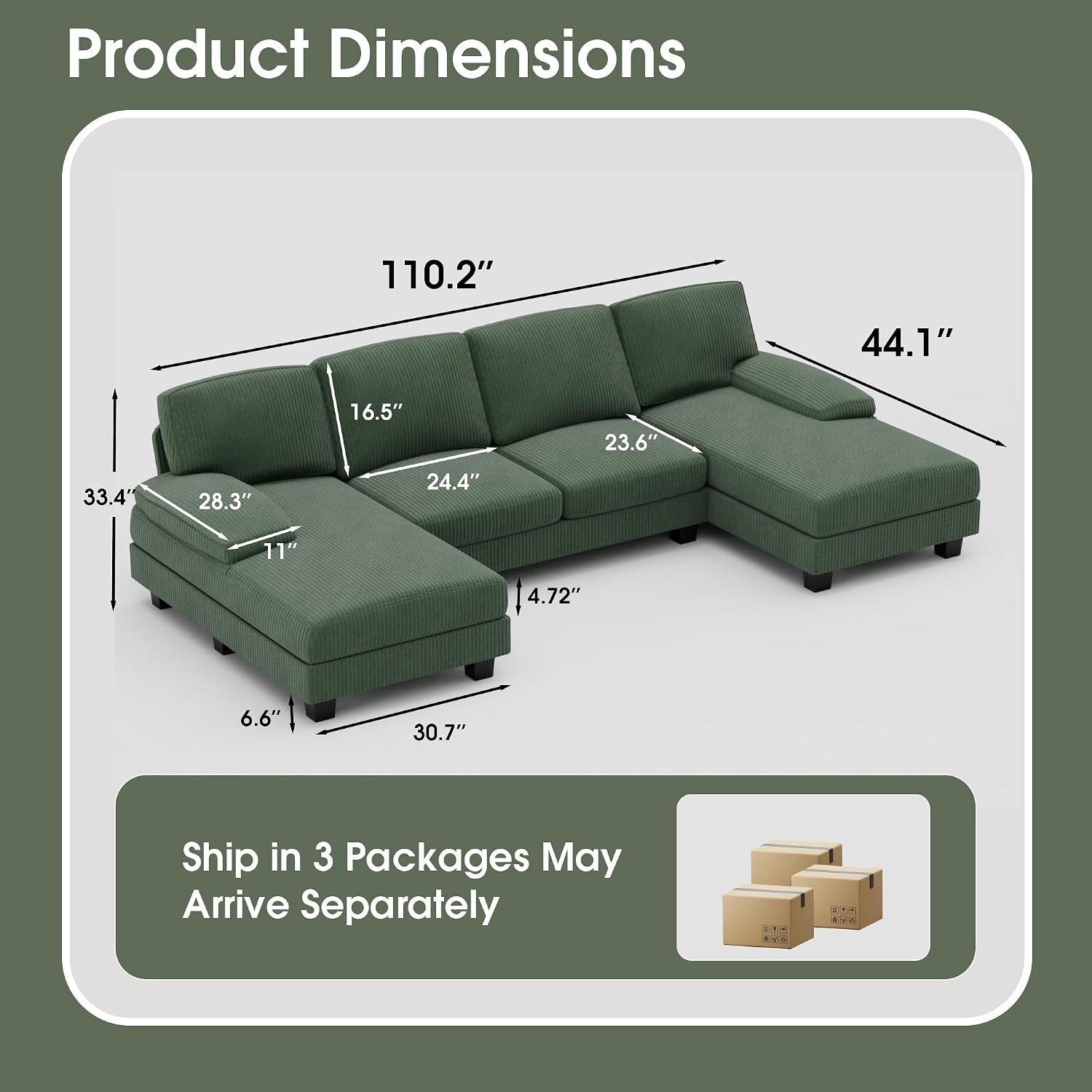 Diagram showing the dimensions of the Furniwell sectional sofa