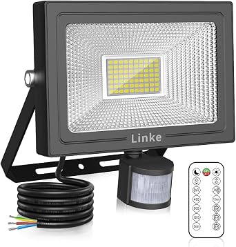 Linke 60W Security Lights Outdoor Motion Sensor, 5200LM Super Bright PIR Floodlights with Remote Control, 6500K Daylight White IP66 Waterproof Perfect for Garden, Porch, Courtyard, Garage [Energy Class F]