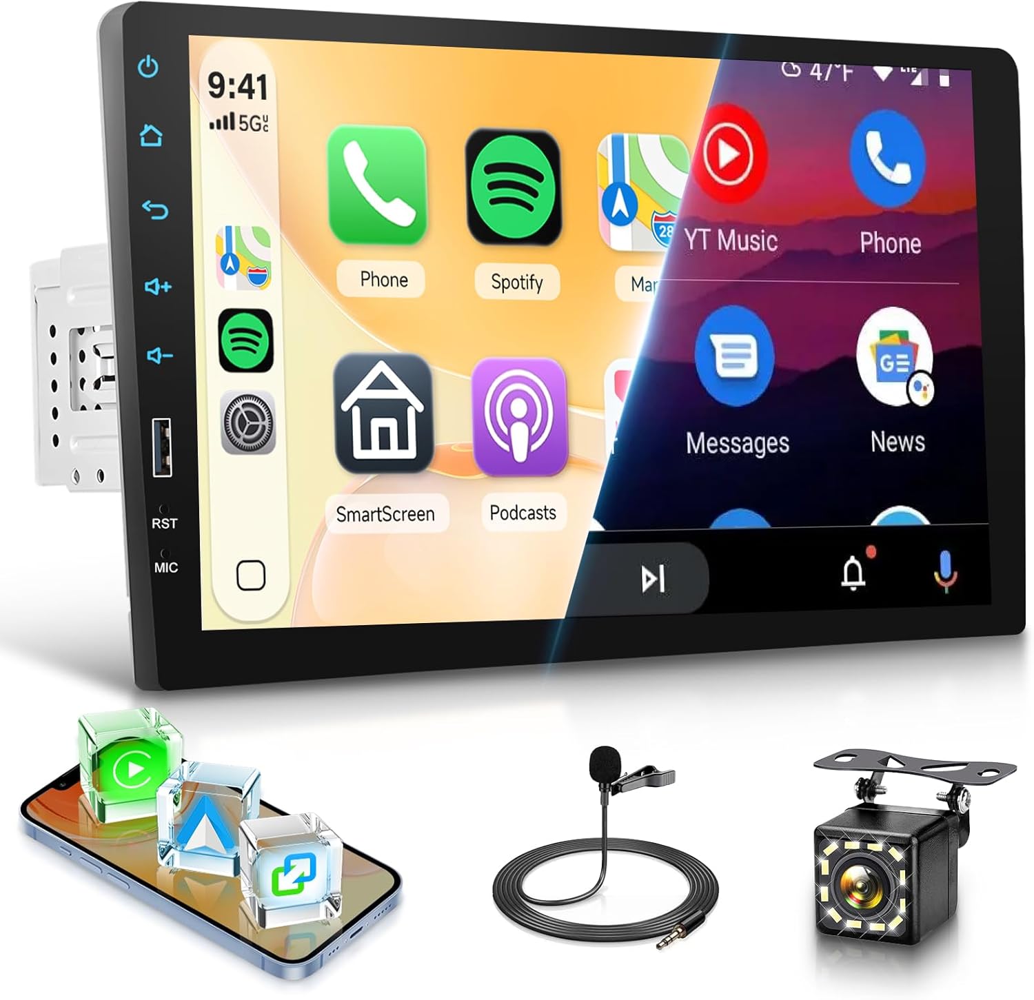 9 Inch Wireless Carplay Single Din Car Stereo,1080P Single Din Touch Screen Radio Support Wireless Android Auto Bluetooth 5.0 Backup Camera FM EQ Mirror Link USB Dual Mic SWC