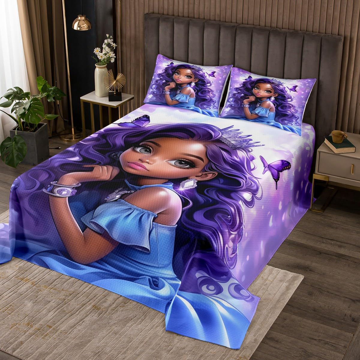 Erosebridal African Girl Coverlet Set,Black Girls Magic Quilt Set King Size for Kids Teens Adults,American Princess Bedspread Set,Flying Butterfly Bed Cover Bedroom Decor
