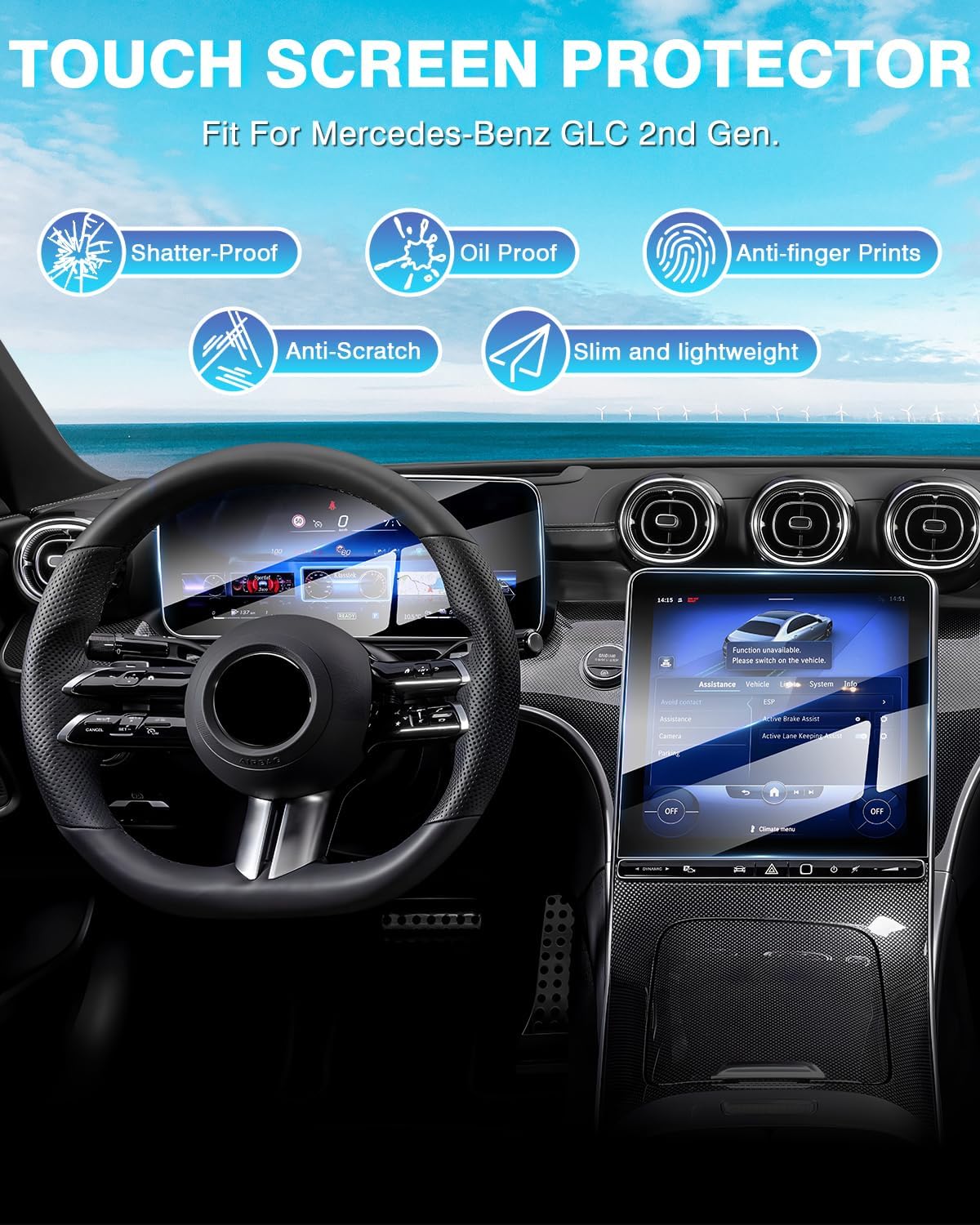 [Upgrade] 2 Pack Mercedes Benz GLC 11.9-Inch & 12.3-Inch Screen Protector for Models GLC 300 2023-2025 2026/W206 C300 2022-2025 2026/AMG C43 2023-2025 [No Glare & Fingerprint] Tempered Glass Mercedes Benz Accessories