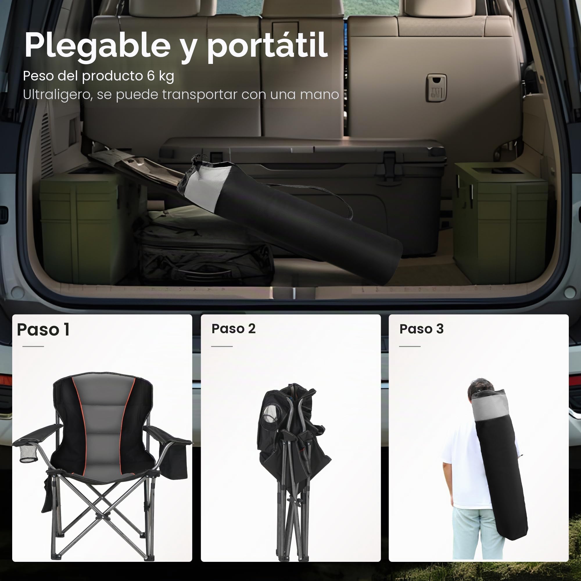 HIGH POINT SPORTS Silla Camping Plegable Silla Plegable Portátil de Gran Tamaño, Silla Plegable Negro Resistente al Aire Libre con Portavasos y Bolsa Enfriadora, Soporta 200KG