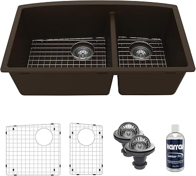 Karran QU-711 Undermount Quartz Composite 32 in. 60/40 Double Bowl Kitchen Sink Kit in Brown
