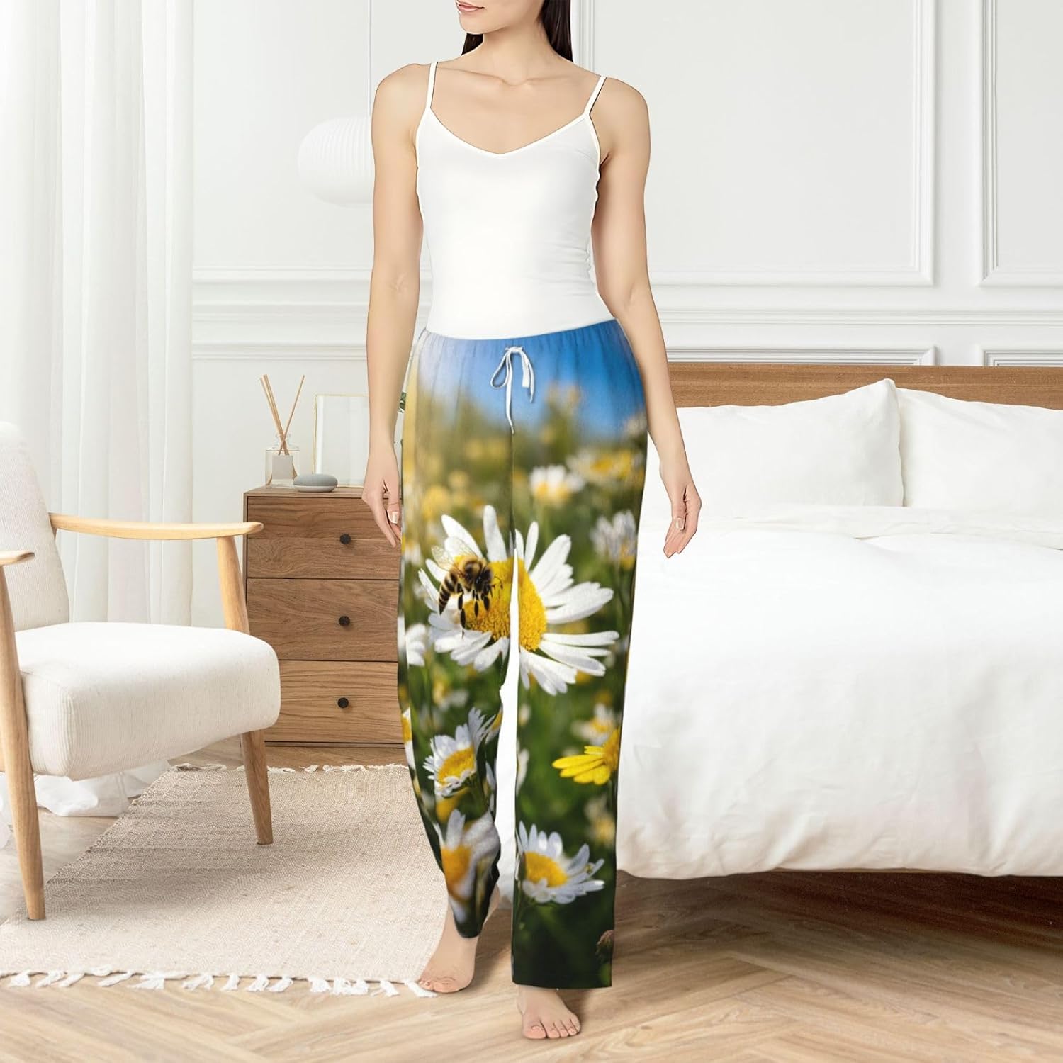 Spring Daisy Flowers Print Cozy Flannel Pajama Pants For Women,Warm Christmas Pj Pants,Cute Fleece Pajamas