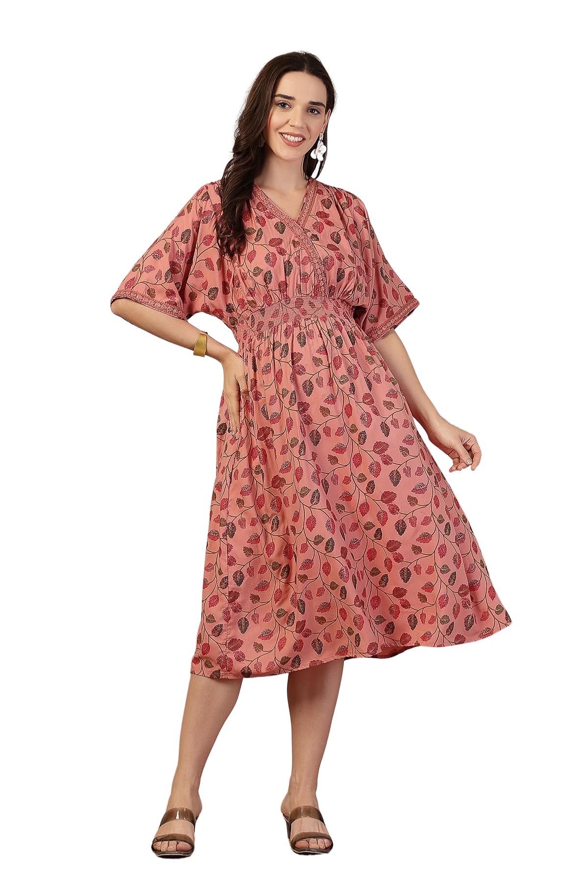 Leaf Print Rayon Maternity Concealed Zip Feeding Dress-image-40
