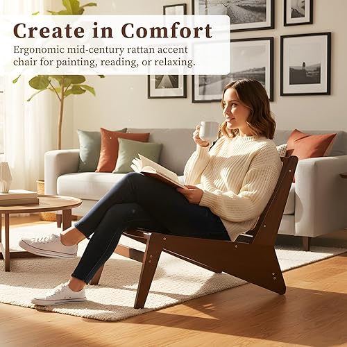 Miniatura 9 de Silla decorativa Mid-Century de ratán para sala de estar, silla cómoda de esquina lateral bohemia para dormitorio y balcón, nogal