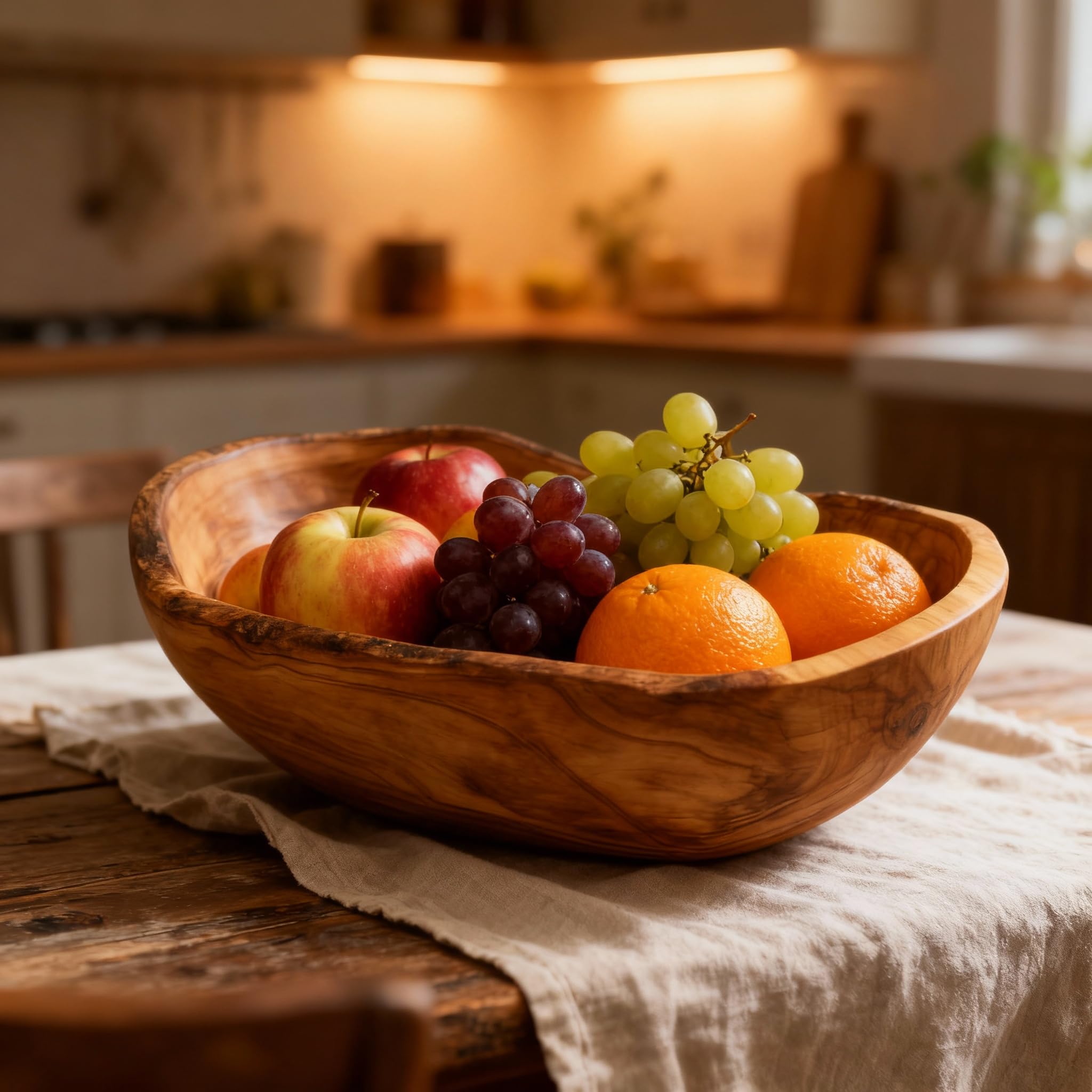 Olivenholz Obstschale rustikal - Handgefertigte Holzschale, mediterrane Schüssel für Snacks, Obst & Brot, nachhaltige Tischdekoration (25-29cm)