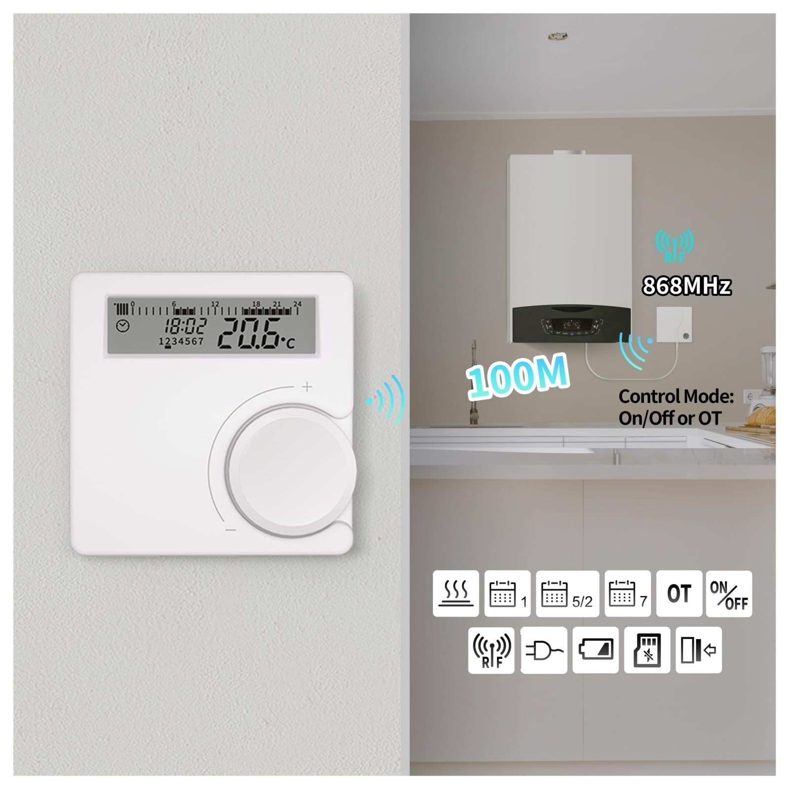 Inteligentny termostat, Bezprzewodowy termostat kotła, termostat pokojowy, termostat z baterią o niskim poborze mocy, cyfrowy regulator temperatury