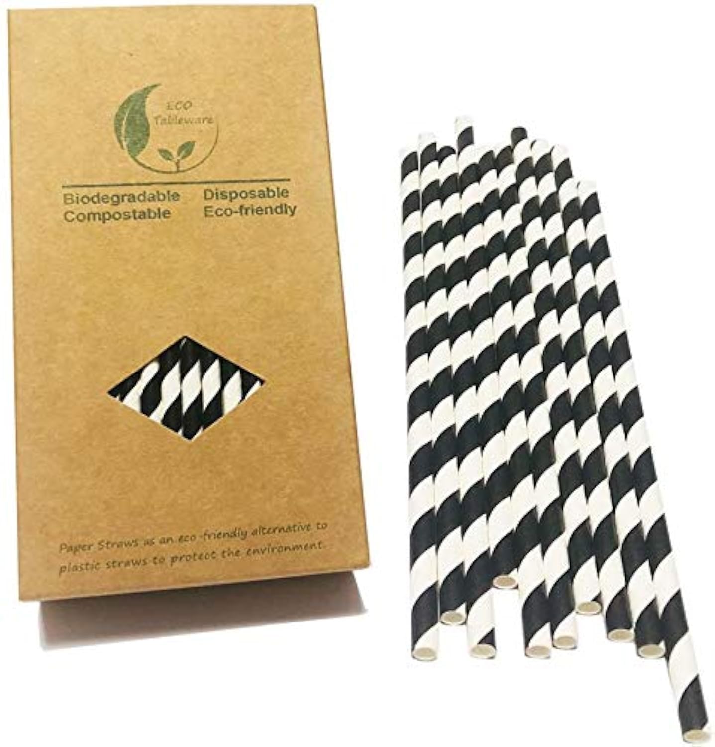 Black and White Striped Paper Straws, 100% Biodegradable and Compostable Black Striped Drinking Straws For Party Supplies, Birthday, Restaurant, Food