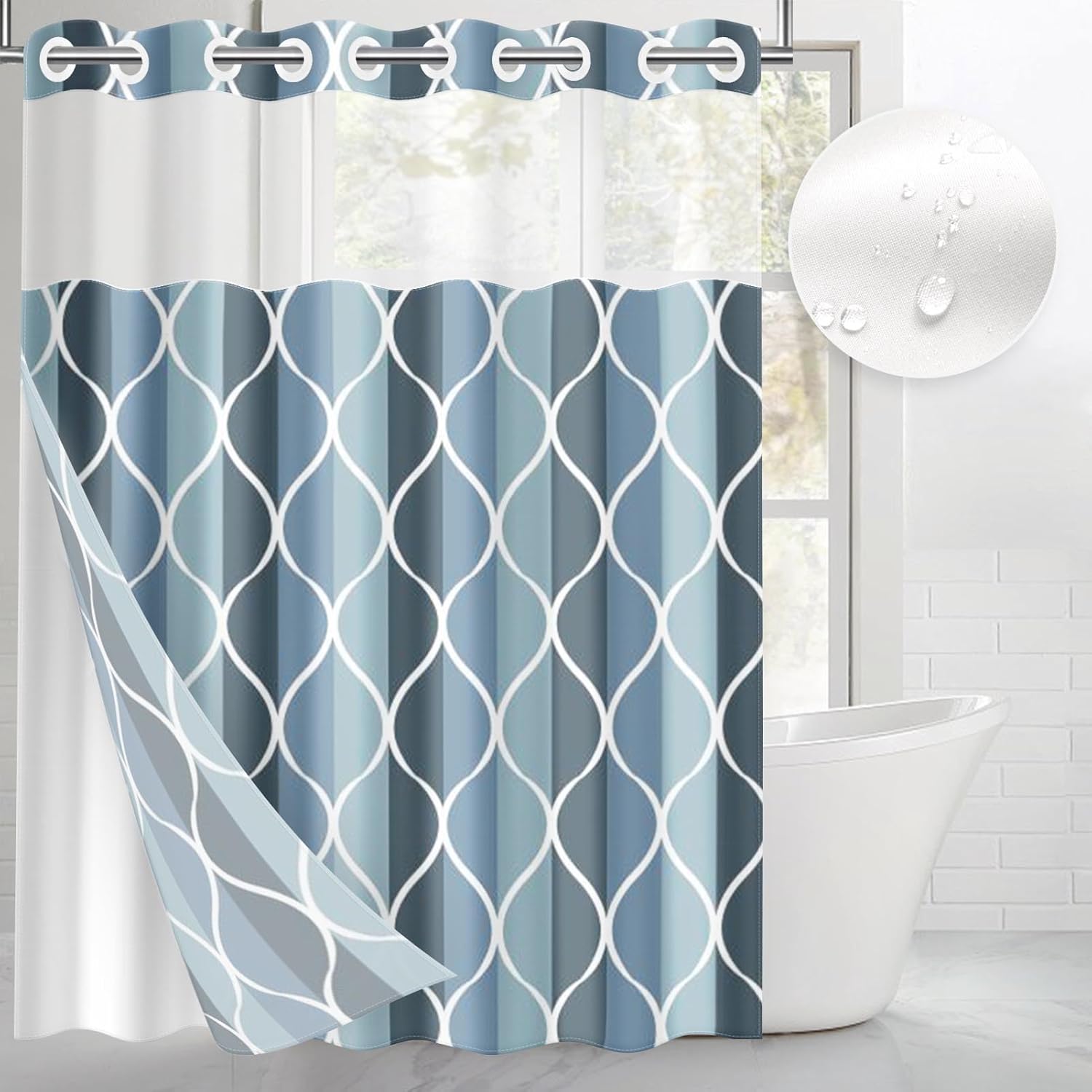 Nesphy No Hook Blue and Grey Shower Curtain with Snap in