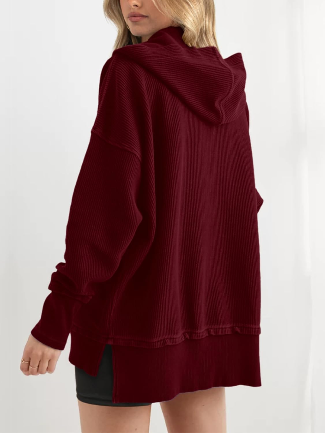 PRETTYGARDEN Womens Fashion 2026 Oversized Long Sleeve Hoodie Button Down V Neck Sweatshirt Side Slit Casual Pullover Tops - Image 3