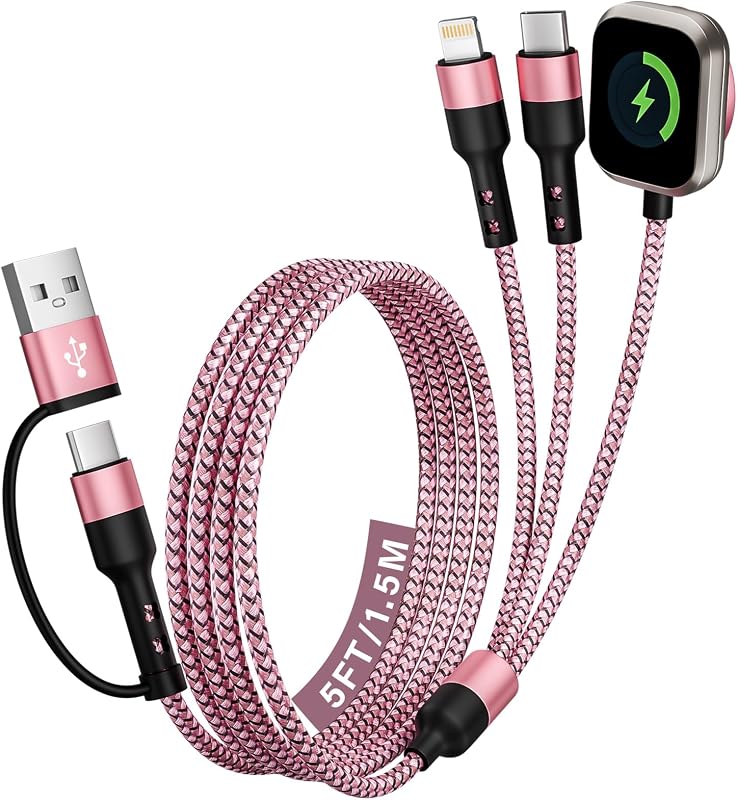 Travel Essentials, 3 in 2 Multi Charging Cable USBC Multiple Travel Charger | Car Accessories, USB A/C to USB C/iWatch Charger/IP, for Apple Watch Series/Ultra/SE& iPhone 17-8/Galaxy S26/25/Note/iPad-5FT