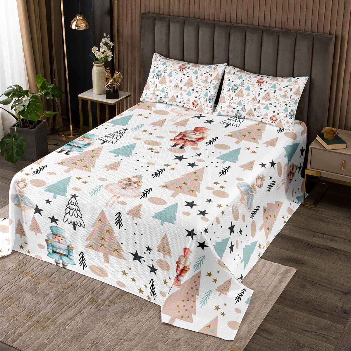 Christmas Santa Claus Bedding Set Twin Size,Christmas Tree Bells Bedspread,Deer Xmas Holly Leaves Flower Comforter Set for Kids Girls Boys Teens,Red Green Grid Coverlet Quilt,1 Pillowcase