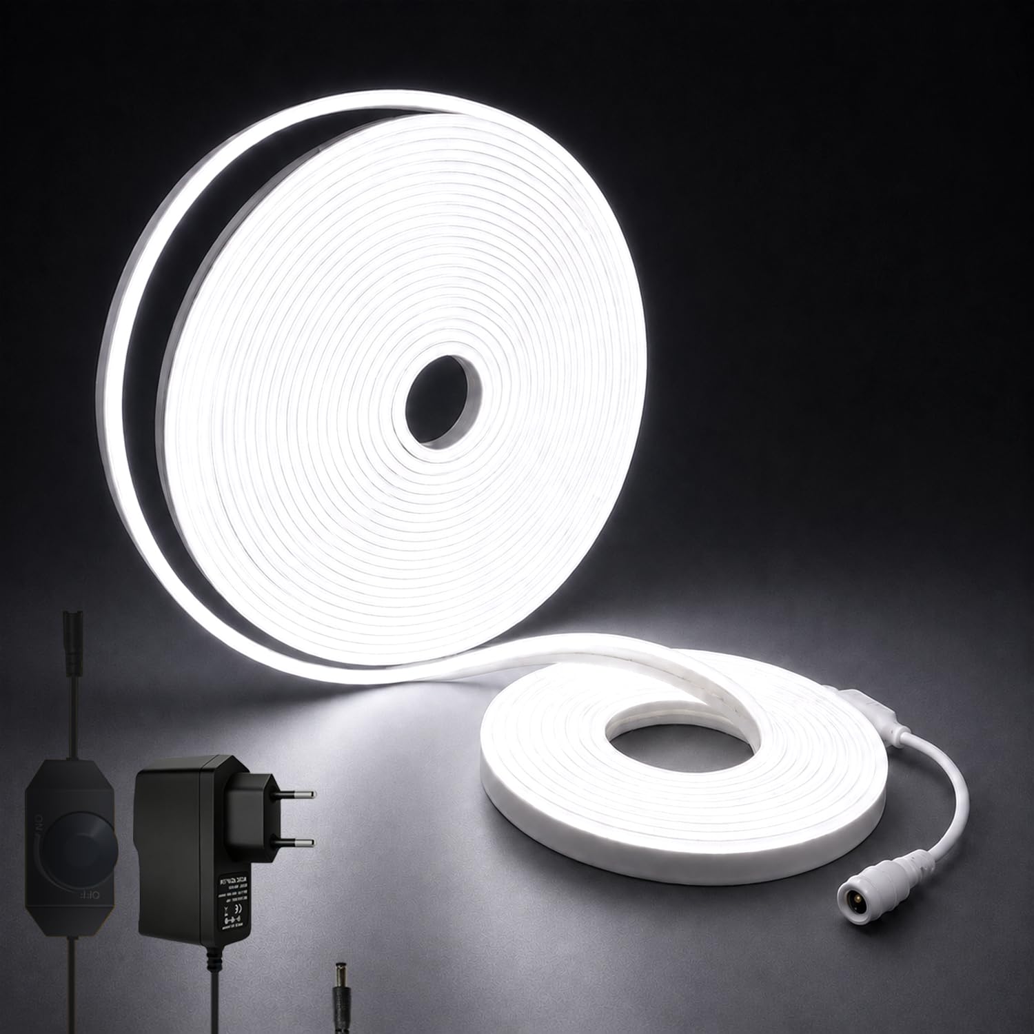 Taśma LED 15 m, 24 V, zimna biel, 6000 K, ściemniana, DIY z zasilaniem, wodoszczelność IP67, do dekoracji wewnątrz i na zewnątrz (biały, 10M)