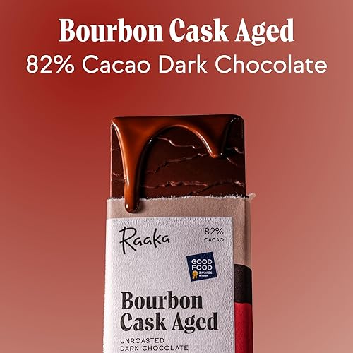 Vista 3 de Raaka Chocolate Bourbon Cask Aged 82% Chocolate negro Regalo de chocolate negro gourmet Orgánico, vegano, sin soja, sin gluten, Kosher Barras