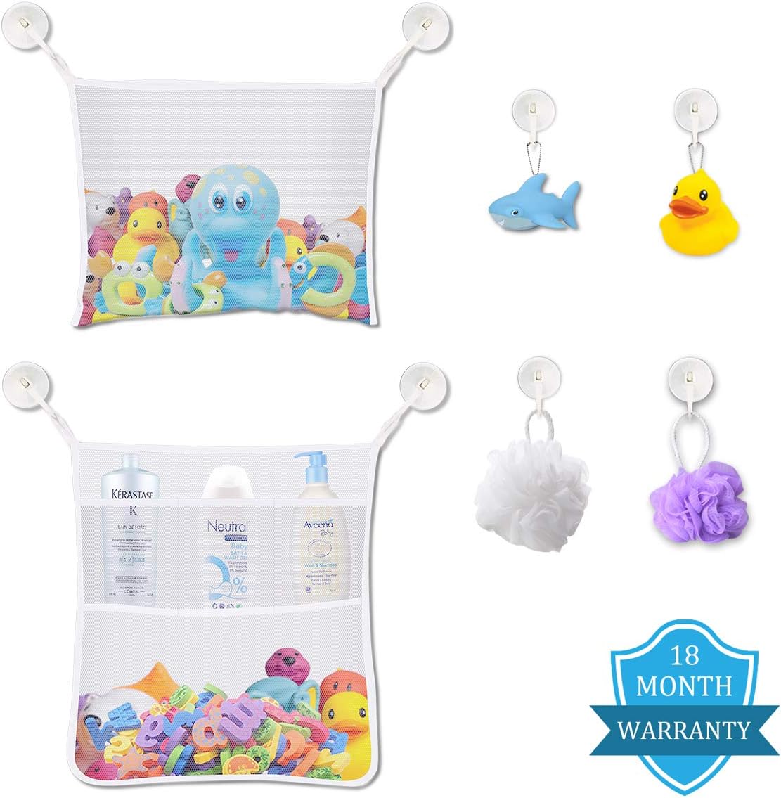 Bath Toy Organizer - Baby Kids Bathtub Net Storage - Multi-Use Organizer Bags Make Bath Toy Storage Easy - Kids Bath Toy Holder - 2 Large Toy Organizer and 8 Ultra Strong Hooks with Key Lock