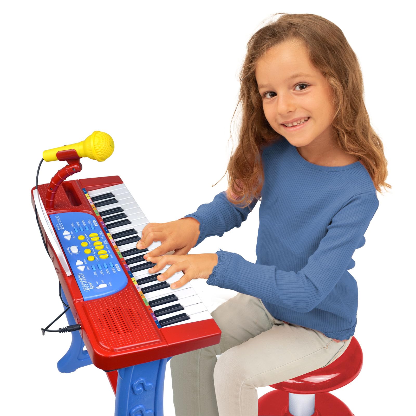 Bontempi | MiniKeyFun - Tastiera Giocattolo a 37 Tasti per Piccoli Musicisti con Microfono, Sgabello e Leggio, Blu e Rosso, 54,4x32,9x15,9 cm