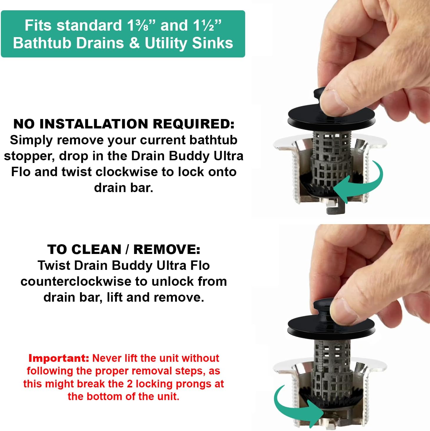 Ultra Flo No Installation 2 in 1 Clog Preventing Tub Drain Stopper and Hair Catcher for 1 3/8" to 1.5" Bathtubs and Utility Sinks Matte Black Metal Cap