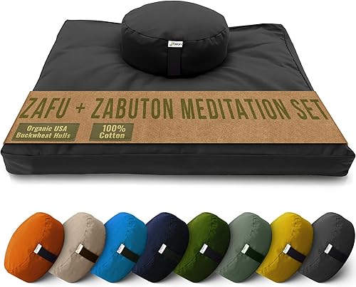 Miniatura 1 de Bean Products - Juego de cojines de meditación, un zafu y un zafutón, 100 % algodón orgánico o cáñamo, relleno de trigo sarraceno orgánico,