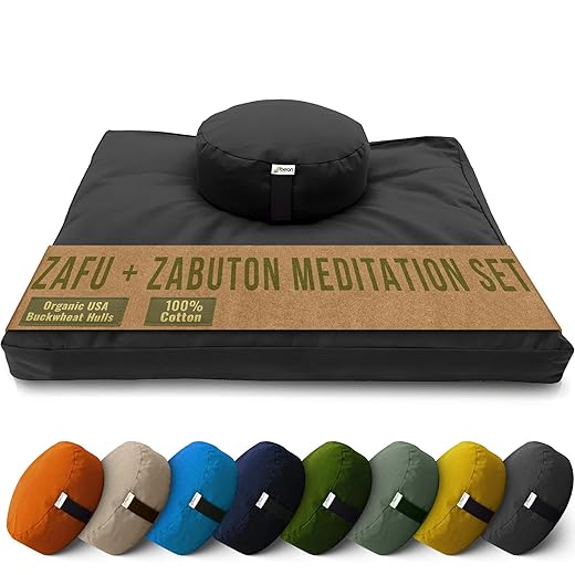 Bean Products Meditation Cushion Mat Set - Zafu Floor Pillow Organic Buckwheat Pillow + Cotton Filled Zabuton Prayer Pad - Meditation Pillow Yoga Knee Pad - Made in USA - 14" Round or 18" Oval