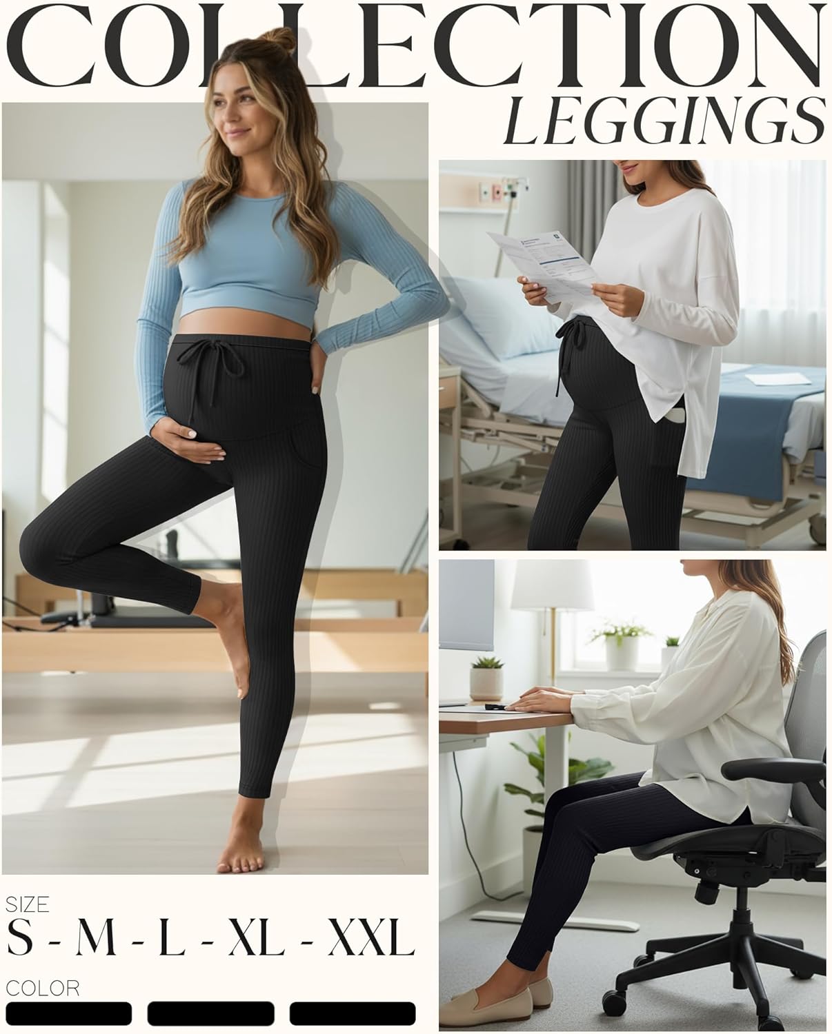 3 Pack Women's Maternity Leggings Cotton Ribbed Pregnancy Pants Drawstring Workout Yoga Active Pants with Pockets - Image 2