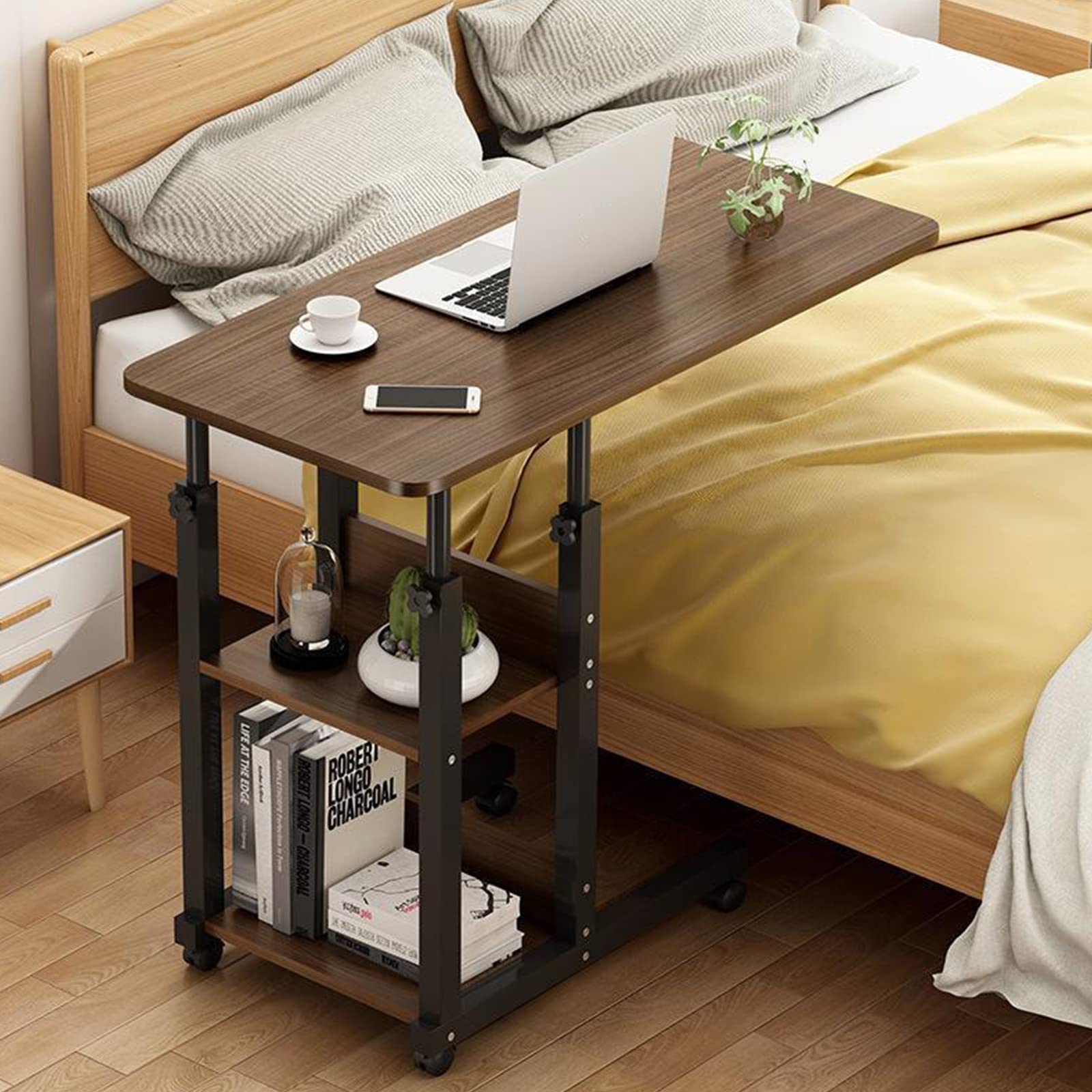 Escritorio de cama, mesa de cama, mesa de sofá, mesa de cama de hospital, escritorio regulable en altura, equipado con dos estantes de almacenamiento, equipado con ruedas, adecuado para el