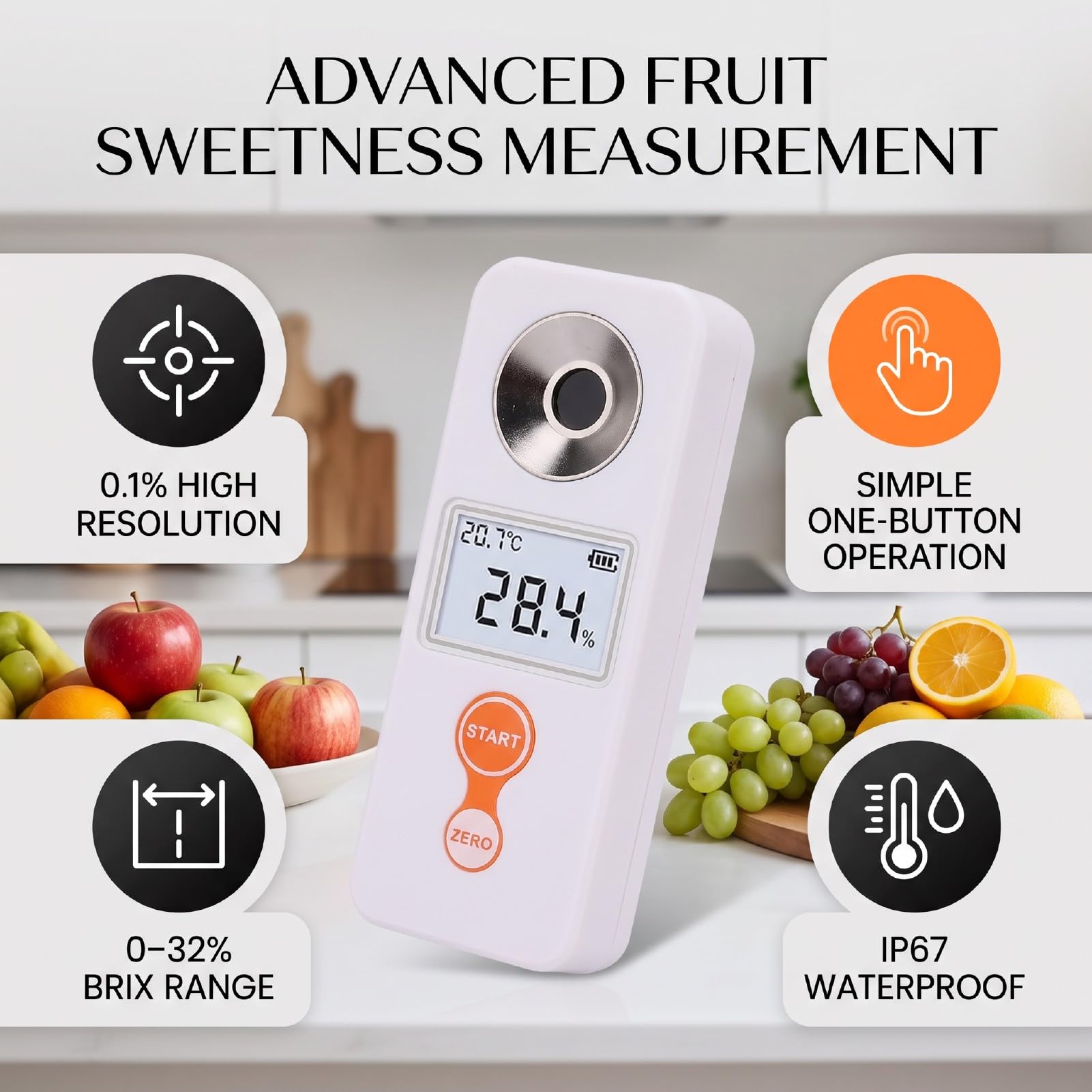 Refractómetro Digital Portátil para Frutas 0-32%, para Dulzura de Jugos