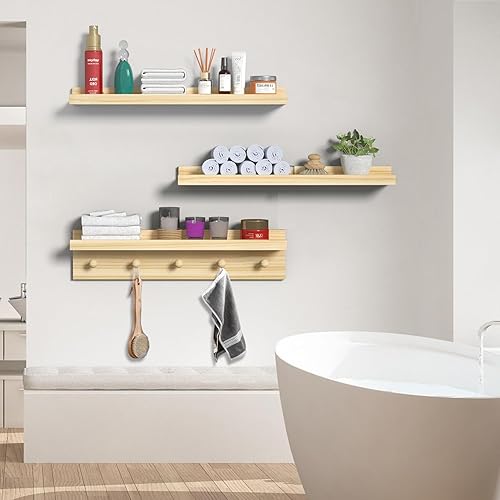 Miniatura 4 de MBYD Estantes flotantes, repisa de madera natural, repisa de fotos de 24 pulgadas para habitación de niños, estante flotante para sala de estar,