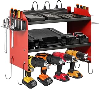 GKOKG Power Tool Organizer with Charge Station, 4 Drill Garage Wall Mount Storage Rack, 6 AC Outlet Power Drill Organizer, 3 Layers Wall Mount Drill Holder for Screwdriver with Charge Strip, S-Hooks
