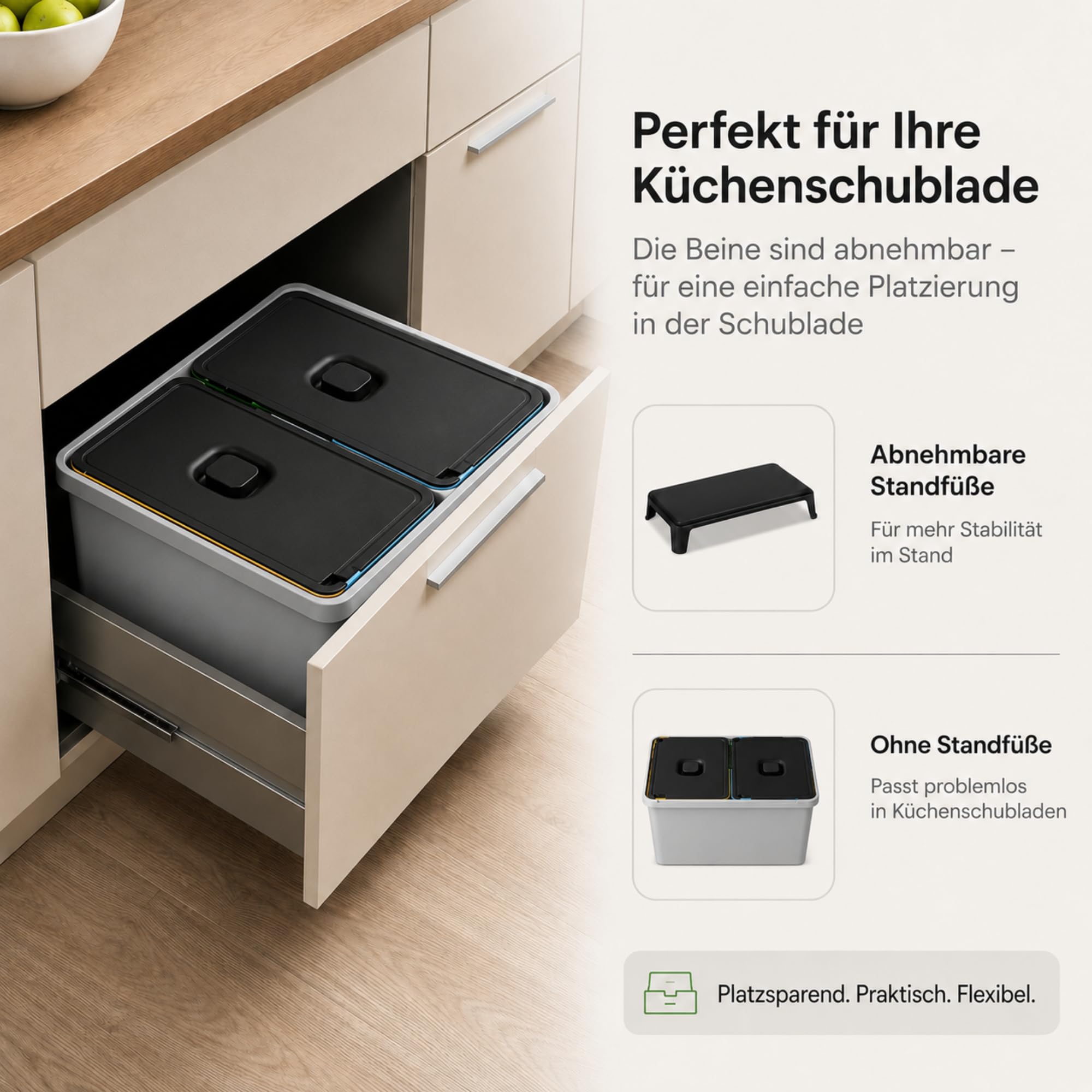 Stalco KEDEN SYSTEMA Mülltrennsystem 2-Fach, 46L: Abfalleimer 2x23L Recycling Mülleimer Mülltrenner Wandmontage Grau (2 Fach)