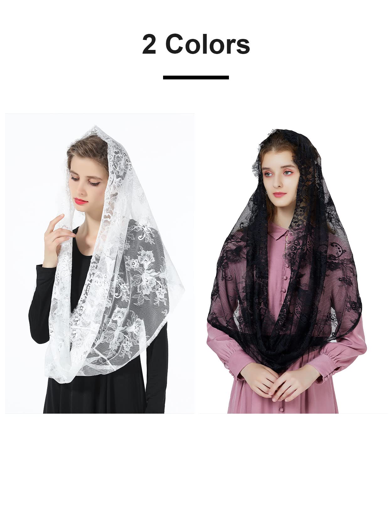 BEAUTELICATE Velo di Pizzo da Sposa Chiesa Cattolica Mantila Infinito Sciarpa Copricapo per Messa In Latino Nero Bianco V101