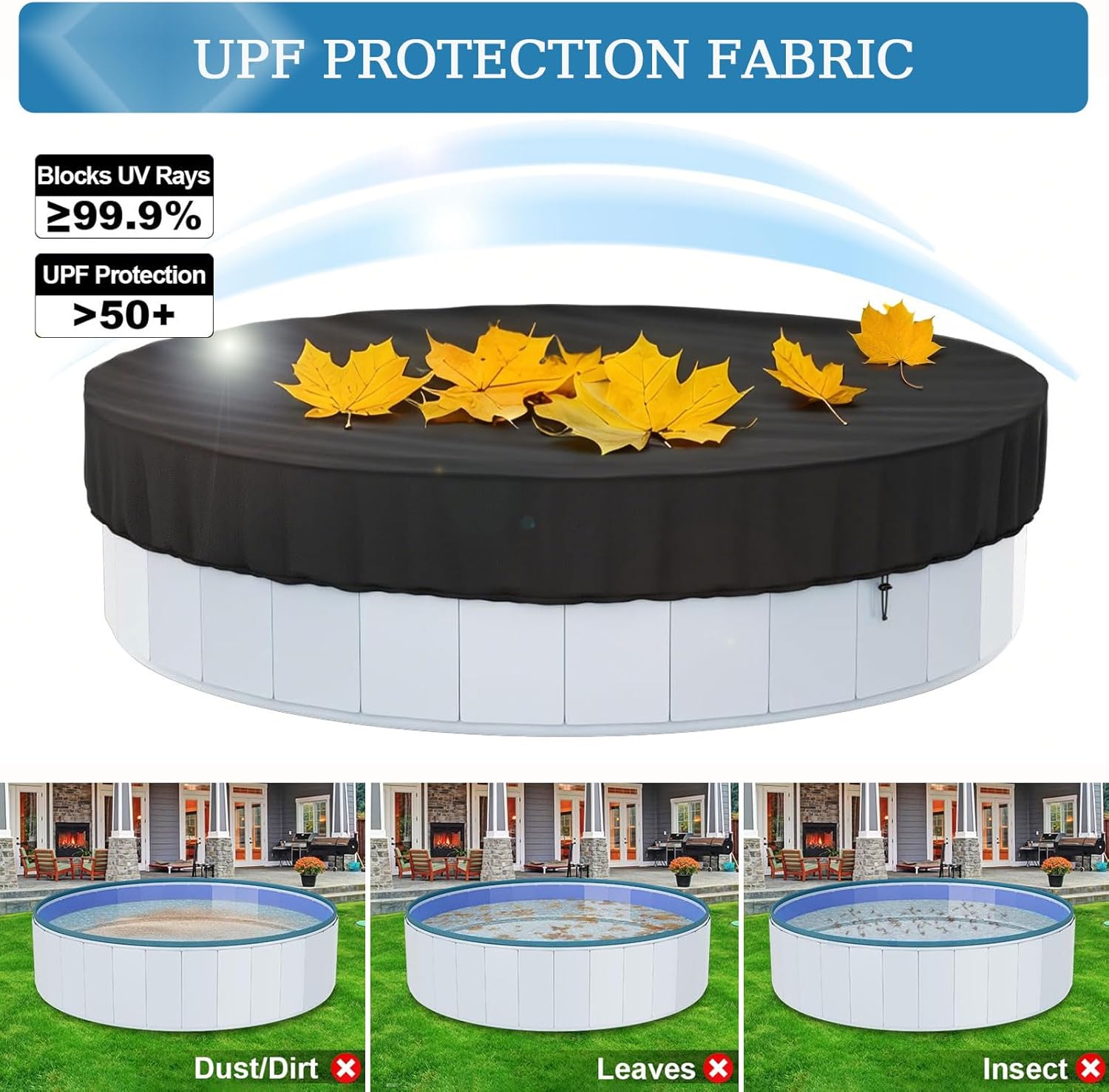 Round Pool Cover, Solar Covers for Above Ground Pools, Oxford Fabric Pool Covers for Above Ground Pools with Drawstring, Waterproof and Dustproof Swimming Pool Cover,Black,6FT/72"x8"
