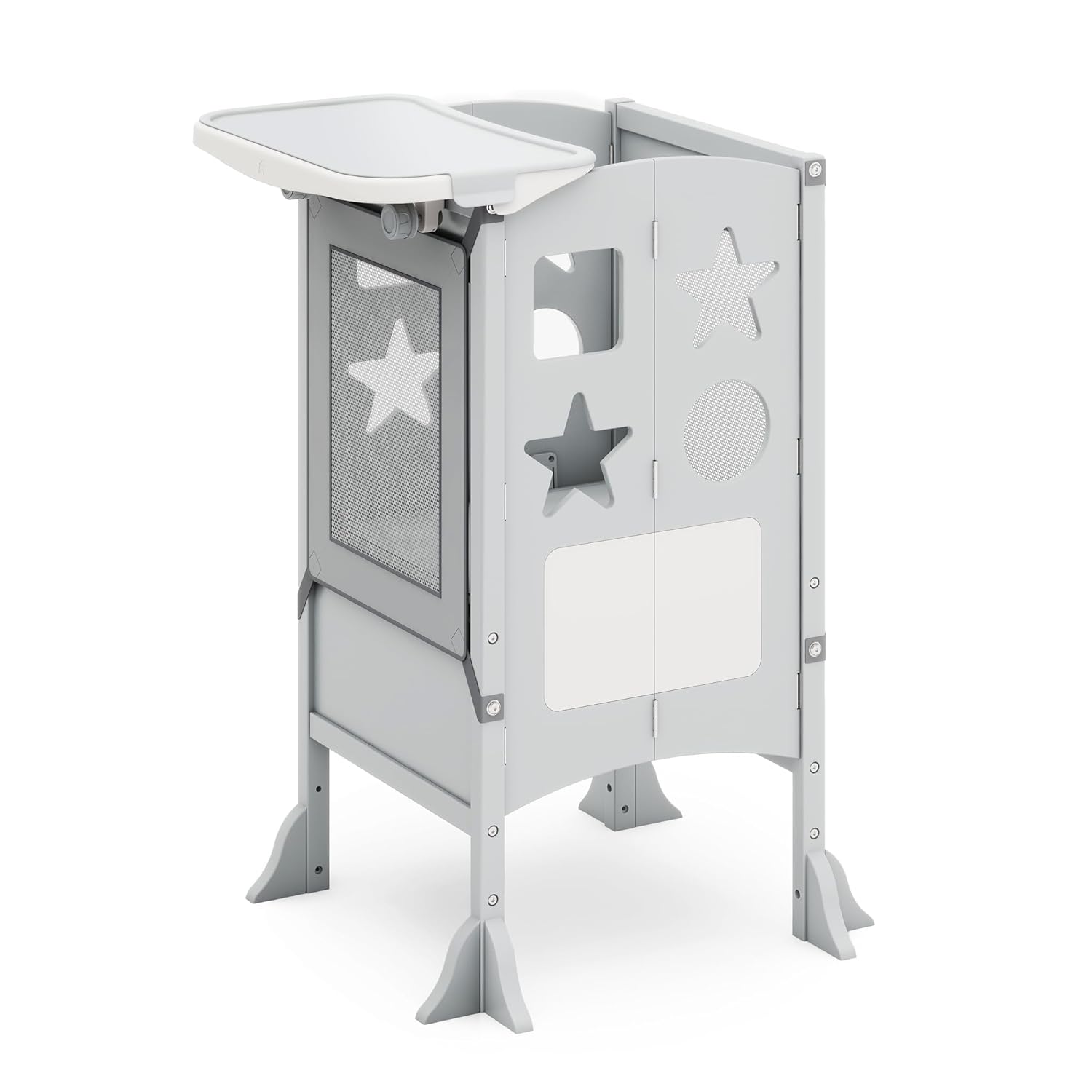 Guidecraft Kitchen Helper® Toddler Tower and Mealtime and Play Tray Bundle: Classic Gray Folding, Adjustable Step Stool with Keepers, Non-Slip Mat and Easy to Clean, Detachable...