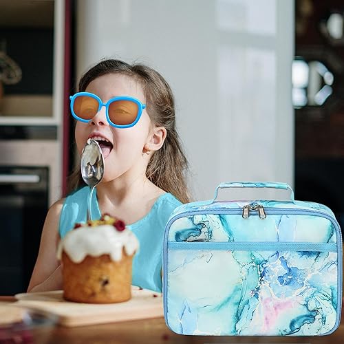 Miniatura 2 de LEDAOU Lonchera con aislamiento para niños, lonchera reutilizable para niñas, para la escuela, picnic, senderismo (azul mármol)