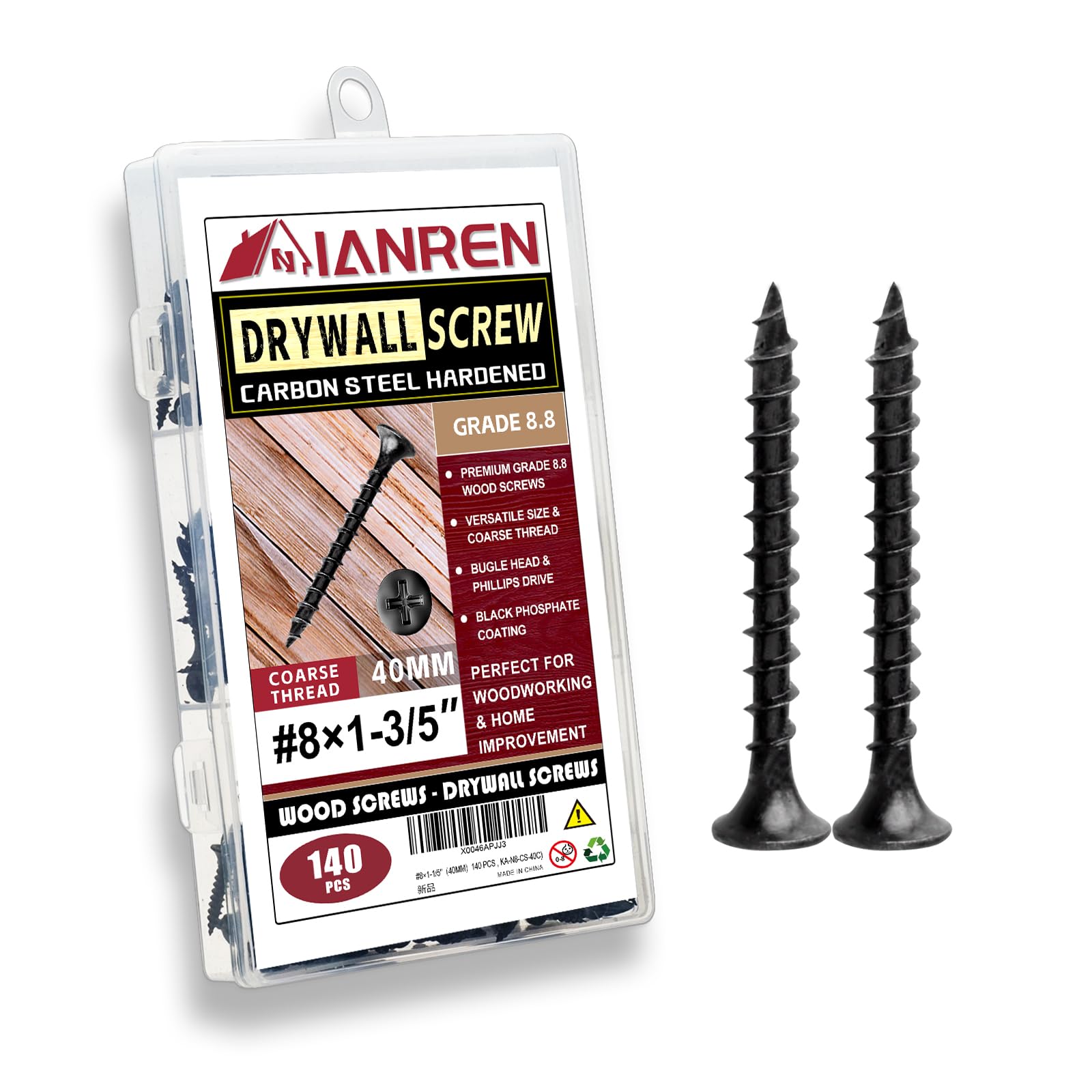 IANREN #8 1-3/5" Wood Screws 140pcs- Black Drywall Screws Coarse Thread Phillips Head Screws for Deck Fence & Outdoor Furniture Assembly