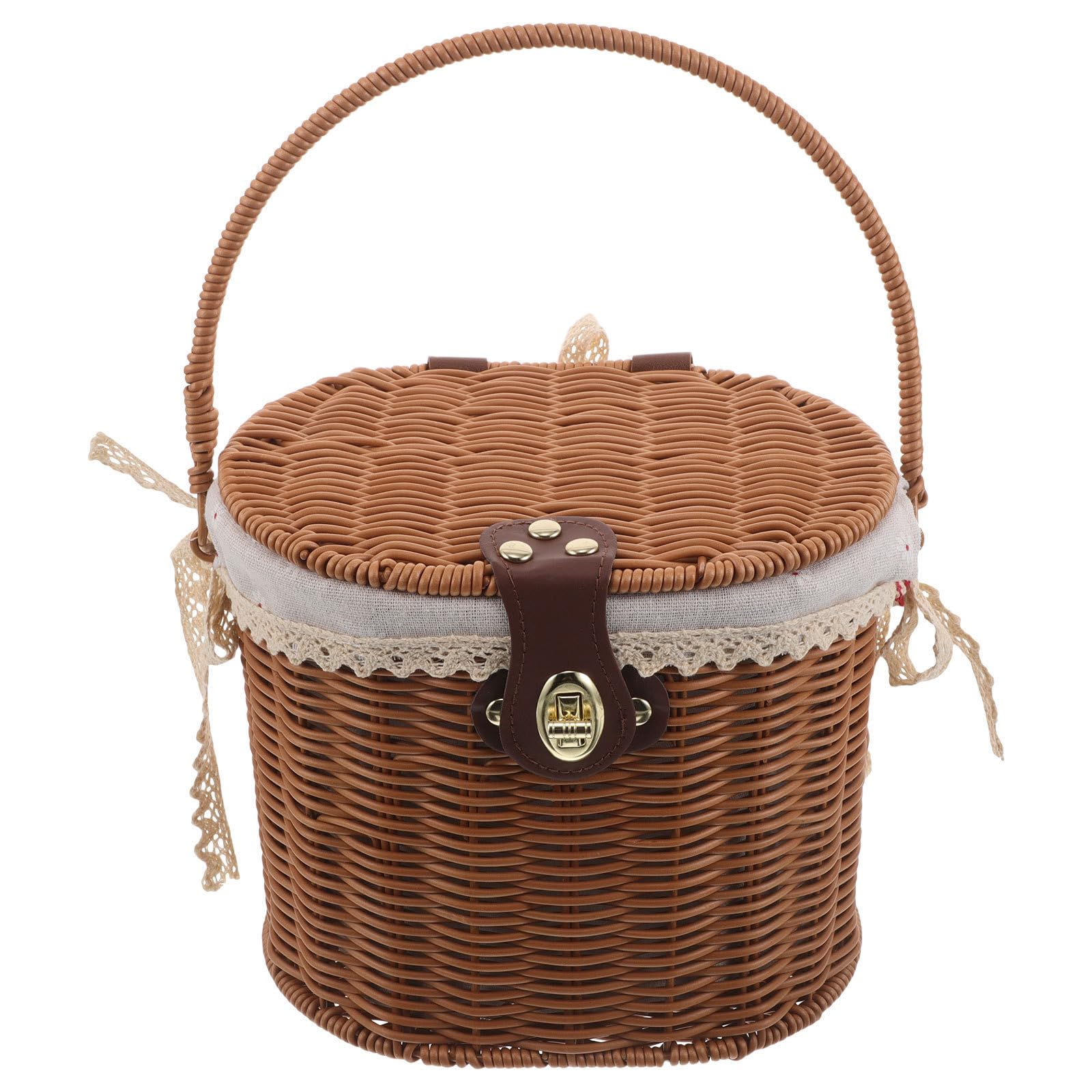 Cesta de Almacenamiento Tejida para Cocina, Cesta de Mano, con Tapa, Asas y Forro de Tela, Pp y Tela, Marrón, para Pan y Esenciales, Comedor y Dormitorios