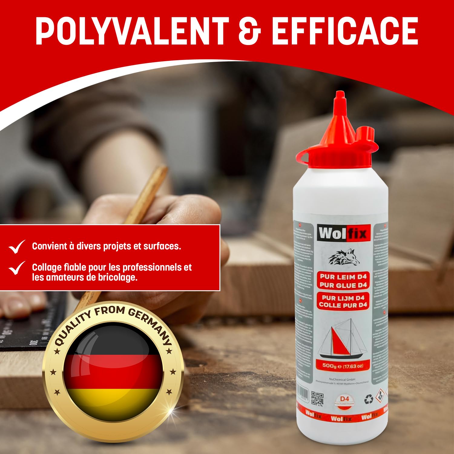 Wolfix Colle a Bois Extra Forte 500g D4 PVC PUR PU Express - Colle Polyuréthane Résistante à l'Eau et à Séchage Rapide - Colle à Bois PVC, de montage, de bricolage